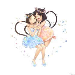 Rule 34 | 2girls, ;3, animal ears, bare shoulders, blue dress, braid, breasts, brown hair, cat ears, cat tail, chest tattoo, cleavage, closed eyes, dress, flower, flower wreath, hair flower, hair ornament, high heels, highres, hug, long hair, looking at viewer, multiple girls, multiple tails, nekomata (youkai hyakki-tan!), official art, one eye closed, open mouth, paw print, pink dress, pumps, footwear flower, short hair, side braid, smile, strapless, strapless dress, swept bangs, tail, tattoo, thick eyebrows, yellow eyes, youkai hyakki-tan!