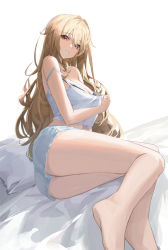 Rule 34 | 1girl, ass, bare shoulders, black bra, blonde hair, bra, breasts, camisole, cleavage, clothes pull, grey eyes, highres, large breasts, lingerie, long hair, looking at viewer, lying, messy hair, midriff, on bed, on side, original, pray (furei), pulled by self, shirt pull, short shorts, shorts, simple background, sitting, solo, spaghetti strap, strap slip, thighs, underwear, very long hair, white background, white camisole, white shorts