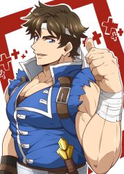 Rule 34 | 1boy, absurdres, bandaged arm, bandages, bara, blue eyes, blue shirt, brown hair, castlevania: rondo of blood, castlevania (series), headband, highres, kuroshinki, large pectorals, looking at viewer, male focus, muscular, muscular male, open mouth, pectorals, richter belmont, shirt, short hair, smile, solo, thumbs up, torn clothes, torn shirt, upper body, white headband
