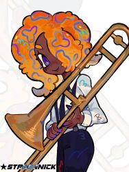 1girl artist_name black_necktie black_pants collared_shirt cowboy_shot dark-skinned_female dark_skin hair_over_one_eye highres holding holding_instrument holding_trombone instrument long_sleeves looking_at_viewer necktie nintendo orange_hair pants patterned_hair purple_eyes shirt shirt_tucked_in solo splatoon_(series) splatoon_3 starssonick suspenders tao_blu tentacle_hair trombone white_shirt zoom_layer