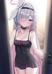 Rule 34 | 1girl, alternate costume, bare arms, bare shoulders, black camisole, black choker, black hairband, black panties, blue archive, blunt ends, blush, braid, breasts, camisole, choker, cleavage, collarbone, colored inner hair, commentary request, cowboy shot, door, eyes visible through hair, fukemachi, grey eyes, grey hair, hair intakes, hair over one eye, hair ribbon, hairband, halo, highres, long bangs, long hair, looking at viewer, multicolored hair, open door, open mouth, paid reward available, panties, parted lips, pink hair, pink pupils, plana (blue archive), red halo, ribbon, single braid, small breasts, solo, straight hair, textless version, tsurime, underwear, very long hair, white ribbon