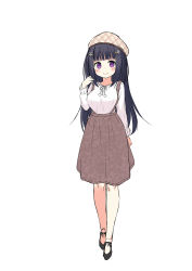 Rule 34 | 1girl, arm at side, black footwear, black hair, blush, brown hat, brown skirt, full body, hair ornament, hairclip, hand up, hat, highres, kanojo to issho no kaerimichi, long hair, long sleeves, looking at viewer, official art, plaid headwear, purple eyes, shirt, simple background, skirt, smile, solo, standing, urato chiri, very long hair, white background, white shirt