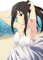 Rule 34 | 10s, 1girl, adjusting hair, armpits, arms up, beach, black hair, breasts, cleavage, dress, earrings, gradient background, green eyes, highres, idolmaster, idolmaster cinderella girls, jewelry, jpeg artifacts, long hair, necklace, ocean, ponytail, shibuya rin, small breasts, smile, solo, sundress, sweat, white dress, yoshiki360