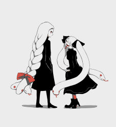 Rule 34 | 2girls, :d, absurdres, avogado6, black bow, black dress, black footwear, bow, braid, closed eyes, commentary, dress, english commentary, facing back, facing viewer, fangs, forked tongue, from behind, hair bow, hands in pockets, high heels, highres, long hair, long sleeves, looking at viewer, looking back, multiple girls, no mouth, open mouth, original, red bow, red eyes, simple background, single braid, smile, snake, snake hair, standing, tongue, tongue out, twintails, very long hair, white background, white hair