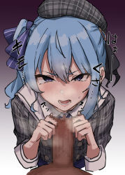 Rule 34 | 1boy, 1girl, absurdres, angry, annoyed, blue hair, blush, censored, disgust, foreskin, foreskin pull, highres, hime apple, hololive, hoshimachi suisei, looking at viewer, open mouth, penis, pov, scowl, tsurime, virtual youtuber