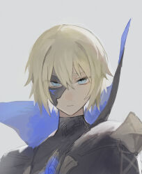 Rule 34 | 1boy, absurdres, armor, black cape, black mask, black shirt, blonde hair, blue cape, blue eyes, cape, closed mouth, dainsleif (genshin impact), genshin impact, grey background, hair between eyes, highres, kaimochi0839, long sleeves, looking at viewer, male focus, mask, shirt, short hair, shoulder armor, simple background, solo, star-shaped pupils, star (symbol), symbol-shaped pupils, two-sided cape, two-sided fabric, upper body, v-shaped eyebrows