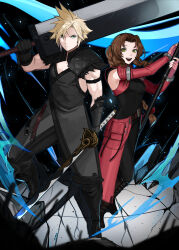 1boy 1girl aerith_gainsborough aerith_gainsborough_(rosy_battle_suit) armband armor black_armband black_bodysuit black_footwear black_gloves black_pants black_tunic blonde_hair blue_eyes bodysuit boots braid braided_ponytail breasts buster_sword cloud_strife cloud_strife_(battle_fiend_garb) detached_sleeves dual_wielding fighting_stance final_fantasy final_fantasy_vii final_fantasy_vii_ever_crisis furrowed_brow gloves green_eyes hair_ribbon highres holding holding_staff katana kyou_(iuciferic) looking_at_viewer medium_breasts official_alternate_costume open_mouth over_shoulder pale_skin pants parted_bangs red_ribbon red_sleeves ribbon short_hair shoulder_armor sidelocks single_braid smile spiked_hair staff sword tile_floor tiles tunic waist_cape weapon weapon_over_shoulder