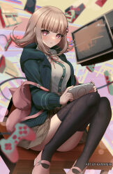 Rule 34 | ass, bag, brown hair, buttons, classroom, closed mouth, crt, crt, danganronpa (series), danganronpa 2: goodbye despair, desk, dot nose, eyebrows, eyelashes, famicom, famicom gamepad, galaga, game console, handheld game console, highres, indoors, jacket, kamaniki, lace trim, looking at viewer, nanami chiaki, nintendo, on desk, playing games, playstation controller, playstation vita, red eyes, shirt, shirt tucked in, shoes, sitting, on desk, skirt, sony, super nintendo, thighhighs, thighs, watermark