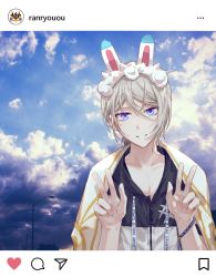 Rule 34 | 1boy, animal ears, blue eyes, cloud, cloudy sky, csyday, day, double v, fake animal ears, fake screenshot, fate/grand order, fate (series), fou (fate), grey hair, hood, hoodie, instagram, male focus, prince of lan ling (fate), prince of lan ling (festival outfit) (fate), rabbit ears, short ponytail, sky, smile, solo, towel, towel around neck, v