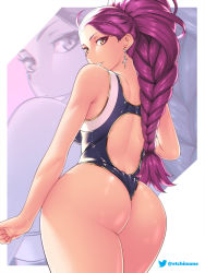 Rule 34 | 1girl, alternate costume, ass, ass focus, backless outfit, backless swimsuit, black one-piece swimsuit, blue one-piece swimsuit, braid, breasts, close-up, dark-skinned female, dark skin, earrings, etchimune, facial mark, fire emblem, fire emblem: three houses, from behind, jewelry, long hair, looking back, nintendo, one-piece swimsuit, petra macneary, ponytail, purple eyes, purple hair, smile, solo, swimsuit, thick thighs, thighs