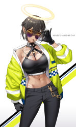 Rule 34 | 1girl, absurdres, adjusting eyewear, auriel (behalter), behalter, black gloves, black hair, breasts, chain, choker, cigarette, cleavage, clenched hand, contrapposto, cowboy shot, crop top, cross, denim, earrings, gloves, glowing, glowing earrings, hair between eyes, halo, halterneck, head tilt, highres, jacket, jeans, jewelry, large breasts, latin cross, looking at viewer, lowleg, lowleg pants, midriff, navel, o-ring, original, pants, shirt, short hair, simple background, single bare shoulder, smoking, sunglasses, tan, tanline, taut clothes, taut shirt, tsurime, white background, yellow eyes
