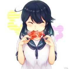 Rule 34 | 10s, 1girl, blue hair, chicken (food), chicken leg, eating, closed eyes, food, imoden, kantai collection, long hair, school uniform, shirt, short sleeves, solo, upper body, ushio (kancolle), white shirt