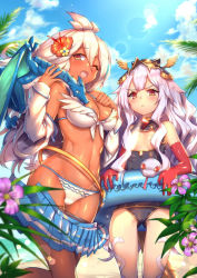 Rule 34 | &gt;:&lt;, 10s, 2girls, :&lt;, ;d, ahoge, bare shoulders, beach, bikini, blush, breasts, cleavage, closed mouth, cloud, dark-skinned female, dark skin, day, dragon, elbow gloves, flower, gloves, granblue fantasy, hair between eyes, hair flower, hair ornament, hibiscus, innertube, large breasts, long hair, looking at viewer, md5 mismatch, medusa (shingeki no bahamut), multiple girls, navel, one-piece swimsuit, one eye closed, open mouth, outdoors, red eyes, red gloves, shennai misha, shingeki no bahamut, sky, small breasts, smile, snake, swim ring, swimsuit, v-shaped eyebrows, very long hair, white bikini, white hair, zooey (granblue fantasy), zooey (summer) (granblue fantasy)