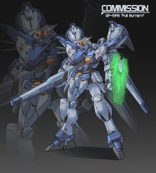 Rule 34 | absurdres, arm shield, arms at sides, beam rifle, blue eyes, clenched hand, commission, energy barrier, energy gun, energy shield, f91 gundam, full body, fusion, glowing, glowing eyes, gradient background, gundam, gundam 0083, gundam f91, gundam gp-01 full vernian zephyranthes, highres, jellen squish, legs apart, mecha, mecha focus, mobile suit, no humans, robot, science fiction, shadow, standing, thrusters, v-fin, v2 assault-buster gundam, victory gundam, weapon, zoom layer