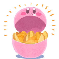 Rule 34 | :t, blush stickers, food, food focus, food on face, highres, kirby, kirby (series), kirby cafe, miclot, nintendo, no humans, notice lines, potato wedges, simple background, takeout container, white background