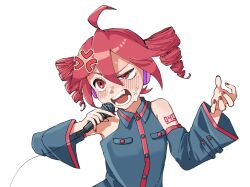 Rule 34 | 1girl, ahoge, anger vein, bare shoulders, buttons, collared shirt, detached sleeves, drill hair, grey shirt, grey sleeves, hair between eyes, half-closed eye, holding, holding microphone, kasane teto, long sleeves, microphone, music, nail polish, open mouth, red eyes, red hair, red nails, shirt, simple background, singing, sleeveless, sleeveless shirt, solo, sweat, teeth, twin drills, ukatsu (ukatu204), upper body, utau, white background