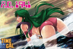 Rule 34 | 1941, 1girl, all fours, ass, belt, blue eyes, breasts, cameltoe, cleft of venus, cloud, copyright name, dated, energy gun, from behind, gloves, green hair, holster, long hair, looking away, medium breasts, midriff, ocean, outdoors, partially submerged, purple shirt, red shirt, red shorts, reika (time gal), retorabi00, shirt, short shorts, shorts, sky, solo, thighs, time gal, underboob, water, weapon, white gloves, wind
