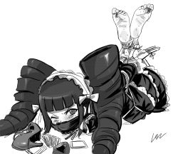 Rule 34 | 1girl, absurdres, angry, arms behind back, barefoot, bdsm, bondage, bound, bound ankles, bound fingers, bound thumbs, bound toes, card, celestia ludenberg, danganronpa: trigger happy havoc, danganronpa (series), feet, gag, highres, hogtie, improvised gag, looking at viewer, lost one zero, one eye closed, shoes, unworn shoes, sweat, toes