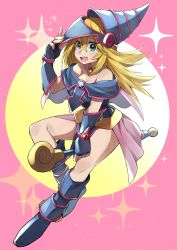 Rule 34 | 1girl, :d, absurdres, adjusting clothes, adjusting headwear, bare legs, bare shoulders, between legs, blonde hair, blue dress, blue footwear, blue gloves, blue hat, blush, boots, breasts, cleavage, dark magician girl, dress, duel monster, elbow gloves, female focus, fingerless gloves, full body, gem, gloves, green eyes, hair between eyes, hand up, happy, hat, highres, holding, holding staff, huge filesize, jewelry, kameno sachi, legs, long hair, looking at viewer, medium breasts, nail polish, neck, necklace, off-shoulder dress, off shoulder, open mouth, pink background, pink nails, red gemstone, revision, smile, solo, sparkle, staff, teeth, wizard hat, yu-gi-oh!