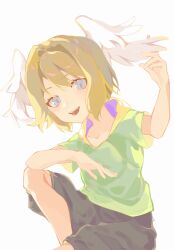 Rule 34 | 1girl, :d, aged down, black shorts, blonde hair, blue eyes, child, collarbone, eunie (xenoblade), feathered wings, green shirt, hair intakes, hand up, head wings, highres, looking at viewer, open mouth, shirt, short hair, short sleeves, shorts, simple background, smile, solo, teeth, virno, white background, white wings, wings, xenoblade chronicles (series), xenoblade chronicles 3