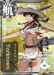 Rule 34 | 10s, 1girl, arrow (projectile), belt, blush, bow (weapon), braid, breasts, brown eyes, brown hair, card (medium), card parody, character name, cowboy hat, crop top, facial mark, gun, handgun, hat, holding, holding bow (weapon), holding weapon, holster, jeanex, kantai collection, kneehighs, large breasts, midriff, navel, open mouth, original, pacific (kancolle), personification, quiver, revolver, short hair, socks, solo, stampede string, tattoo, translation request, twin braids, united states, united states navy, uss yorktown (cv-5), weapon, yorktown (pacific), yorktown class aircraft carrier
