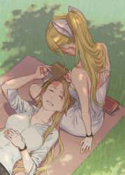 Rule 34 | 2girls, blonde hair, book, bow, bracelet, brown hair, collarbone, collared shirt, commentary request, couple, day, dress, dress shirt, earrings, closed eyes, from above, granblue fantasy, grass, grin, hair bow, highres, holding, jewelry, katalina (granblue fantasy), lap pillow, long hair, miso-ha (ukyuu), multiple girls, outdoors, ponytail, shirt, short dress, shoulder blades, sleeveless, sleeveless dress, smile, straight hair, sundress, very long hair, vira (granblue fantasy), white bow, white dress, white shirt, wing collar, yuri