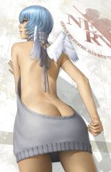 Rule 34 | 1girl, angel, arm at side, ass, ayanami rei, back, back focus, backless dress, backless outfit, bare back, bare shoulders, blue hair, breasts, butt crack, closed mouth, cowboy shot, drawstring, dress, feathered wings, female focus, fingernails, from behind, from below, grey dress, grey sweater, halterneck, leaning, legs apart, long fingernails, looking at viewer, looking back, looking down, meme attire, mini wings, naked sweater, neon genesis evangelion, nerv, no bra, no panties, profile, realistic, red eyes, ribbed sweater, short hair, sideboob, sleeveless, sleeveless turtleneck, solo, sweater, sweater dress, turtleneck, turtleneck sweater, virgin killer sweater, watanabe yasuaki, white wings, wings