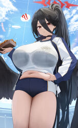 Rule 34 | !?, 1girl, absurdres, belly, belly grab, bexercube, bird wings, black hair, blue archive, blue sky, breasts, buruma, curvy, food, gym uniform, hair between eyes, hasumi (blue archive), hasumi (track) (blue archive), highres, huge breasts, jacket, large breasts, long hair, midriff, navel, open clothes, open jacket, plump, ponytail, red eyes, shirt, sky, solo, sweatdrop, takoyaki, thighs, thought bubble, white shirt, wings