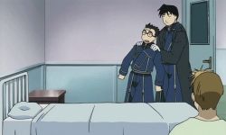 Rule 34 | 1girl, 3boys, animated, animated gif, bandages, bed, black hair, blonde hair, clipboard, falling, fullmetal alchemist, glasses, gloves, jacket, jean havoc, kain fuery, lowres, military, military uniform, multiple boys, pillow, pushing, riza hawkeye, roy mustang, smile, uniform