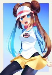 Rule 34 | 1girl, :d, absurdres, bad id, bad pixiv id, black pantyhose, blue eyes, blush, border, breasts, brown hair, commentary request, creatures (company), double bun, game freak, hair between eyes, hair bun, highres, long hair, looking at viewer, nintendo, open mouth, outside border, pantyhose, pantyhose under shorts, pokemon, pokemon bw2, raglan sleeves, rosa (pokemon), short shorts, shorts, sidelocks, smile, solo, tongue, twintails, two-tone headwear, visor cap, white border, yellow shorts, yuihico