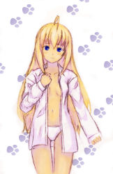 Rule 34 | 00s, 1girl, ahoge, blonde hair, blue eyes, colette brunel, dress shirt, long hair, no bra, open clothes, open shirt, panties, shirt, solo, standing, tales of (series), tales of symphonia, thigh gap, thighs, underwear, white panties, yama0tea