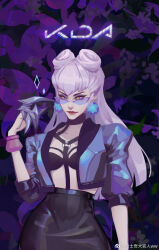 Rule 34 | 1girl, asymmetrical bangs, black choker, black skirt, blue jacket, bracelet, choker, claw (weapon), closed mouth, cone hair bun, cowboy shot, cropped jacket, demon, demon girl, drop earrings, earrings, evelynn (league of legends), eyeshadow, glasses, hair bun, highres, jacket, jewelry, k/da (league of legends), league of legends, long hair, looking to the side, makeup, o-ring, open clothes, open jacket, purple-tinted eyewear, purple background, purple eyeshadow, red lips, revealing clothes, skirt, solo, the baddest evelynn, tinted eyewear, weapon, weibo 5112913504, weibo watermark, white hair, yellow eyes