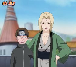 Rule 34 | 1boy, 1girl, absurdres, age difference, blonde hair, breasts, child, cleavage, dress, green dress, highres, ise udon, mature female, naruto, naruto (series), naruto shippuuden, smile, tsunade (naruto)