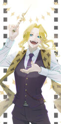 Rule 34 | 1boy, :d, black pants, black vest, blonde hair, blue eyes, commentary, facial mark, hand up, highres, long hair, long sleeves, mashle, megane ox4, mole, mole under mouth, necktie, open mouth, pants, ryoh grantz, shirt, smile, solo, standing, tie clip, vest, wand, white background, white shirt