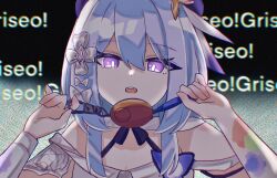 Rule 34 | 1girl, blue hair, bow, bright pupils, character name, commentary, crime prevention buzzer, glowing, glowing eyes, griseo, griseo (starry impression), hair bow, hat, highres, holding, honkai (series), honkai impact 3rd, looking at viewer, mi (27782900), open mouth, paint splatter, parody, purple eyes, shukusei!! loli-gami requiem, sidelocks, solo, teeth, upper teeth only, white pupils