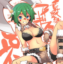 Rule 34 | axe, bandages, belt, bikini, bikini top only, blue eyes, breasts, buckle, dated, facial mark, fujii jun, fur trim, gloves, gradient background, green hair, grin, headdress, large breasts, native american headdress, navel, necklace, over shoulder, rorone (sennen sensou aigis), sennen sensou aigis, short hair, shorts, sitting, smile, swimsuit, tooth necklace, weapon, weapon over shoulder