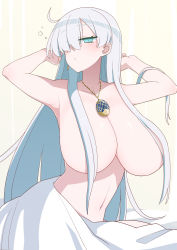 Rule 34 | 1girl, akitokage, alternate breast size, anastasia (fate), bed sheet, blue eyes, blush, breasts, collarbone, fate/grand order, fate (series), hair censor, hair over breasts, hair over one eye, hairband, highres, huge breasts, long hair, looking at viewer, navel, nude, shiny skin, silver hair, solo, very long hair, waking up, white hair