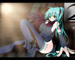 Rule 34 | 1girl, :d, aikagi gunman to aikagi ninja (vocaloid), aqua eyes, aqua hair, arm support, bare shoulders, black thighhighs, blush, breasts, detached sleeves, door, eyebrows, hatsune miku, kunai, legs, letterboxed, long hair, long legs, ninja, open mouth, scarf, side ponytail, side slit, sideboob, sitting, smile, solo, sukage, symbol-shaped pupils, tattoo, thighhighs, thighs, vocaloid, weapon