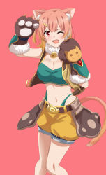 Rule 34 | 1girl, animal ear fluff, animal ears, animal hands, bandeau, bare shoulders, bell, belt, belt buckle, blush, boots, breasts, brown gloves, brown vest, buckle, cat ears, cat paws, cat tail, cleavage, cosplay, dars (recolors), fur-trimmed boots, fur-trimmed gloves, fur collar, fur trim, gloves, green shirt, hair ornament, hairclip, hands up, highleg, highres, hiyori (princess connect!), hiyori (princess connect!) (cosplay), jingle bell, looking at viewer, medium breasts, midriff, navel, neck bell, one eye closed, open mouth, orange hair, paw gloves, paw pose, pink hair, princess connect!, puffy shorts, red background, red eyes, shirt, short hair, shorts, simple background, smile, solo, standing, star (symbol), stomach, tail, vest, voice actor connection, yahari ore no seishun lovecome wa machigatteiru., yellow shorts, yuigahama yui