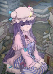 Rule 34 | 1girl, bad id, bad pixiv id, book, bow, colored eyelashes, crescent, dress, eyelashes, female focus, hair bow, hat, long hair, patchouli knowledge, purple eyes, purple hair, ribbon, sitting, socks, solo, touhou, very long hair, wait8, wariza