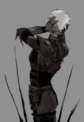 Rule 34 | 1boy, archer (fate), armor, black legwear, crimo, disembodied head, facing away, fate/stay night, fate (series), gauge, grey background, hand on own head, male focus, short hair, simple background, solo, strap, upper body, white hair