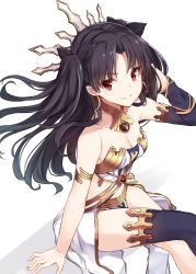Rule 34 | 1girl, adjusting hair, arm support, armlet, asymmetrical legwear, asymmetrical sleeves, bare arms, bare legs, bare shoulders, black detached sleeves, black hair, black ribbon, black thighhighs, breasts, cleavage, crossed legs, crown, detached sleeves, earrings, fate/grand order, fate (series), female focus, from above, gem, hair ribbon, highres, hoop earrings, ishtar (fate), jewelry, legs, long hair, looking at viewer, looking up, medium breasts, naughty face, neck, neck ring, pelvic curtain, red eyes, revealing clothes, ribbon, shadow, simple background, single sleeve, single thighhigh, sitting, smile, solo, strapless, takehana note, thighhighs, tohsaka rin, two side up, type-moon, uneven legwear, uneven sleeves, white background