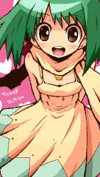Rule 34 | 00s, 1girl, bare shoulders, brown eyes, collarbone, cowboy shot, dress, green hair, looking at viewer, macross, macross frontier, open mouth, outstretched arms, ranka lee, round teeth, scarf, selfie, shirono, short hair, sleeveless, sleeveless dress, solo, sundress, teeth, yellow dress, yellow scarf