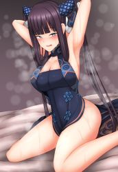 Rule 34 | 1girl, armpits, arms behind head, arms up, bare shoulders, black dress, blue eyes, blunt bangs, blush, breasts, china dress, chinese clothes, cleavage, detached sleeves, dress, fate/grand order, fate (series), gradient background, grey background, hair ornament, highres, large breasts, long hair, looking at viewer, open mouth, purple hair, side slit, sidelocks, silver bullet (ecc12 8), sitting, solo, sweat, thighs, twintails, very long hair, wariza, yang guifei (fate), yang guifei (second ascension) (fate)