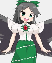 Rule 34 | 1girl, bird wings, black hair, black wings, blush, bow, breasts, cape, collared shirt, commentary request, cookie (touhou), cowboy shot, green bow, green eyes, green skirt, hair bow, hospital king, long hair, looking at viewer, medium breasts, mukumuku (cookie), open mouth, puffy short sleeves, puffy sleeves, reiuji utsuho, round teeth, shirt, short bangs, short sleeves, simple background, skirt, smile, solo, teeth, third eye, touhou, upper teeth only, white cape, white shirt, wings