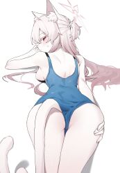 Rule 34 | 1girl, akira (blue archive), alternate costume, animal ear fluff, animal ears, ass, back, blue archive, breasts, cat ears, cat tail, danbal, from behind, halo, hand on own ass, hand up, highres, looking at viewer, looking back, lying, medium breasts, on stomach, one-piece swimsuit, pale skin, pink halo, sideboob, solo, swimsuit, tail, tail under clothes, white background, white hair