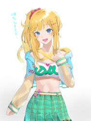 Rule 34 | 1girl, :d, absurdres, belt, blonde hair, blue eyes, bow, clothes writing, commentary request, cowboy shot, crop top, green skirt, hair ornament, hair scrunchie, hand up, heart, highres, hood, hood down, idolmaster, idolmaster cinderella girls, long hair, long sleeves, looking at viewer, midriff, nakare2845, navel, ohtsuki yui, open mouth, pink bow, plaid, plaid skirt, pleated skirt, red scrunchie, scrunchie, see-through, see-through sleeves, sidelocks, simple background, skirt, smile, solo, star (symbol), star hair ornament, translation request, white background