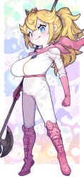 Rule 34 | 1girl, axe, battle axe, biker clothes, bikesuit, blonde hair, blue eyes, bodysuit, breasts, crown, eyelashes, hair between eyes, highres, large breasts, long hair, mario (series), mato tsuyoi, nintendo, ponytail, princess peach, shoulder pads, the super mario bros. movie, tongue, tongue out, weapon