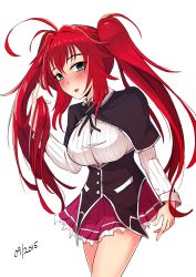 Rule 34 | 10s, 1girl, 2015, ahoge, alternate hairstyle, aqua eyes, blush, breasts, buttons, capelet, dated, frilled skirt, frills, high school dxd, highres, large breasts, long hair, long sleeves, looking at viewer, open mouth, red hair, rias gremory, simple background, skirt, solo, twintails, very long hair, white background, yokura (yukilina)