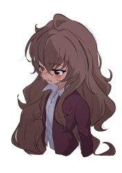Rule 34 | 1girl, absurdres, aisaka taiga, blazer, blush, brown hair, clenched teeth, collared shirt, commentary request, cropped torso, crossed bangs, crying, hair between eyes, highres, jacket, long hair, long sleeves, nishizuki shino, open clothes, open jacket, red eyes, red jacket, shirt, simple background, solo, tears, teeth, toradora!, upper body, very long hair, white background, white shirt